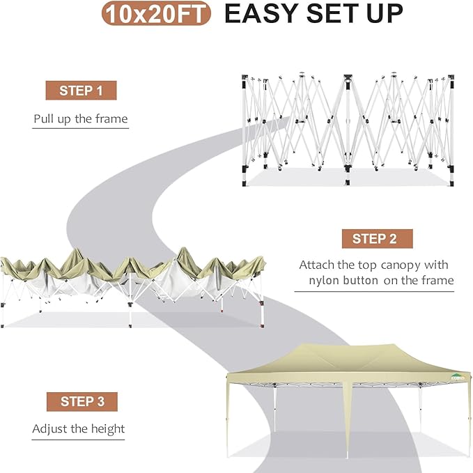 COBIZI 10x20 Pop Up Canopy with 6 Sidewalls,10x20 Canopy Tent Frame Upgraded with 3 Adjustable Heights,Waterproof UV50+ Outdoor Party Commercial Ez Up Gazebos with Carry Bag(10 x 20 ft Khaki)