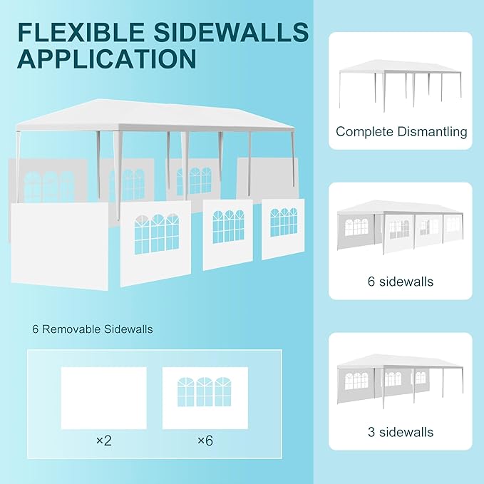 10' x 30' Outdoor Party Canopy Tents with 8 Detachable Sidewalls, White Patio Gazebo Shade Event Shelter Tents with Transparent Windows for Party, Wedding, Birthday, Events, Gatherings, BBQ