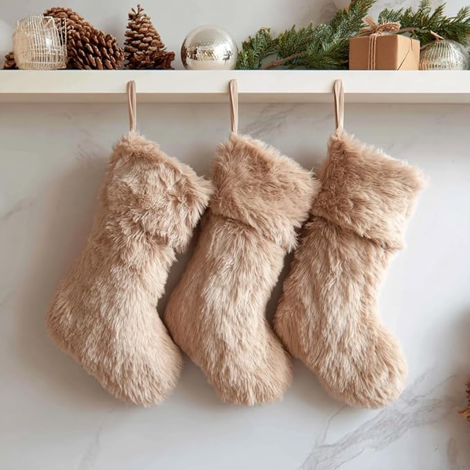 AOGU 3 Pack 19 Inch Beige Christmas Stockings Faux Fur Xmas Christmas Stockings Hanging Ornaments Candy Gift Bags for Christmas Decorations