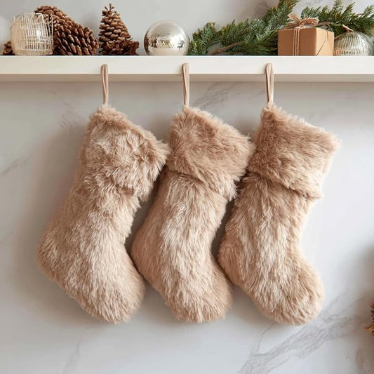 AOGU 3 Pack 19 Inch Beige Christmas Stockings Faux Fur Xmas Christmas Stockings Hanging Ornaments Candy Gift Bags for Christmas Decorations