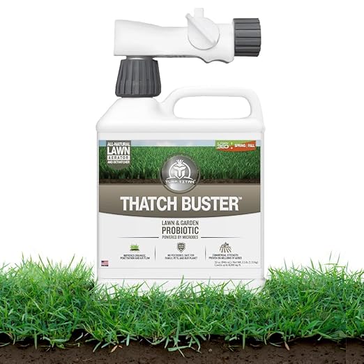 Turf Titan Thatch Buster Lawn Aerator & Grass Dethatcher (32 oz) ? All-Natural Hose End Liquid Soil Loosener & Conditioner for Green Grass ? Healthy Soil in 45 Days ? Covers Up to 8,000 Sq Ft