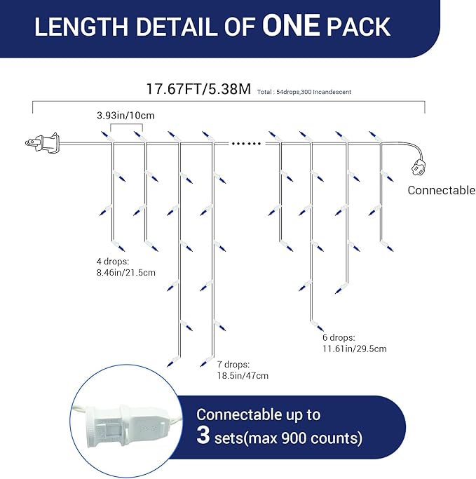 2 Pack New One Icicle Lights - 17.67 FT, 300 Incandescent Blue Drops with White Wire, 3 Connectable Strings, Holiday Party Lights