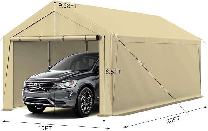 10x20 Carport, Heavy Duty Carports with Removable Sidewalls, Waterproof and UV-Resistant Portable Outdoor Garage Shelter for All Season (Beige)