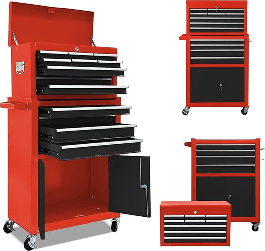 13-Drawer Tool Chest with Double Door and wheels, Large Detachable Toolbox with Sliding Drawers, Mechanic Tool Box Storage Cabinets, Metal Tool Cart for Garage Workshop (RED£¦BLACK)