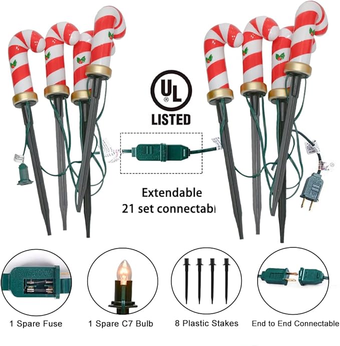 GOOTHY C7 Christmas Pathway Lights Outdoor, 7Ft Outdoor Christmas Decoration String Light with 8 Xmas Walkway Light Waterproof for Patio Driveway Lawn Garden Yard, Candy Cane, 14Ft