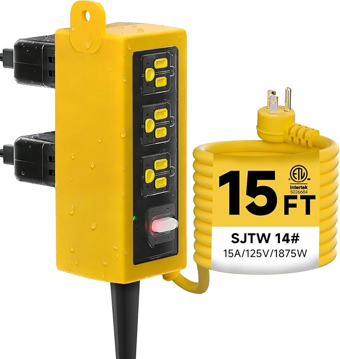 IP66 Outdoor Power Strip Waterproof,Heavy Duty Surge Protector, 15 FT Extension Cord, All-Weatherproof,6AC, Suitable for Outdoor, Work Room, Patio Gardens, Pool Parties,Yellow