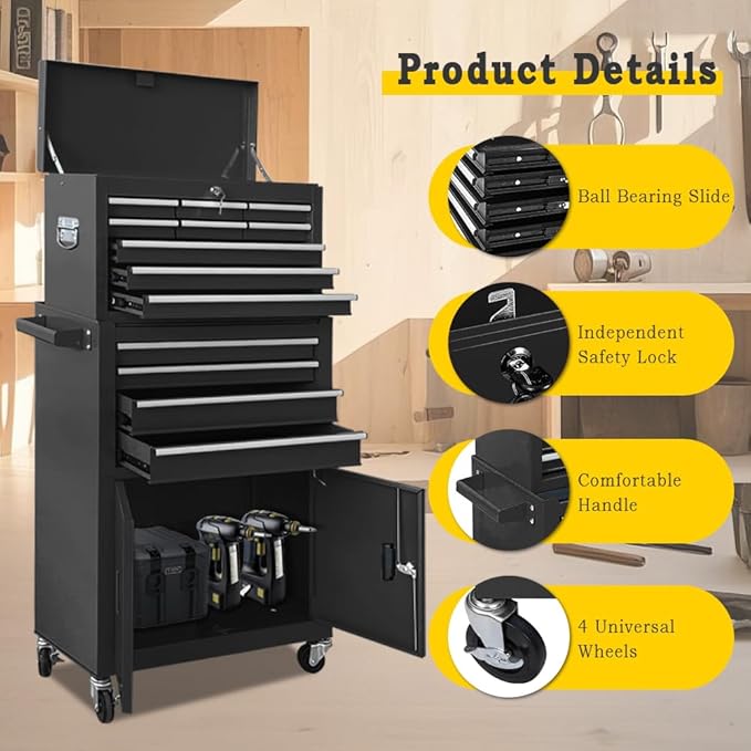 13-Drawer Rolling Tool Chest with Double Door Handle, 2 in 1 Detachable Tool Chest, Large Tool Storage with Wheels, Lockable Tool Cabinet for Garage, Barbershop-Black