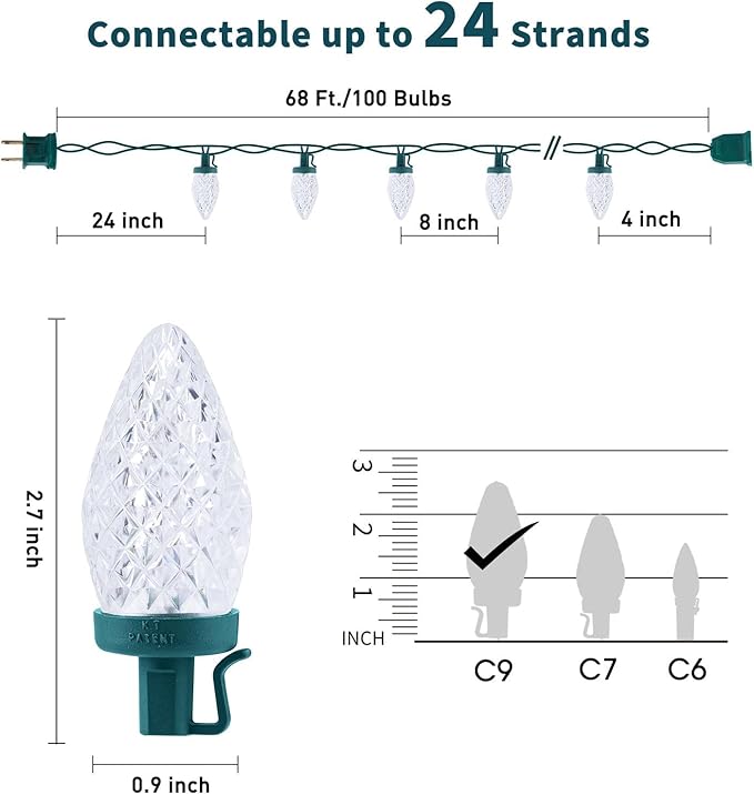 C9 LED Christmas Lights Outdoor, 68 Ft 100 LED C9 String Light with 100 All in One Clips, Connectable Waterproof Christmas Tree Lights for Outside Roofline Backyard Garden Decor, Pure White 2 Pack