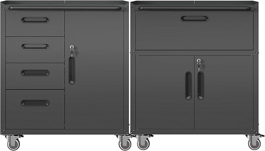 Metal Tool Cabinet,Garage Storage Cabinet System,Wall Cabinet & Locking Rolling Tool Cabinet with Doors and Adjustable Shelves,Steel Tool Cabinets for Home (2 Pcs-StyleF, Black)