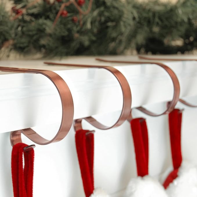 Haute Decor The Original MantleClip Stocking Holder - 4 Pack (Brushed Copper) - Hang Christmas Stockings Safely and Securely from Mantels Up to 3 Inches Thick