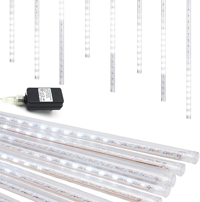 Christmas Lights Outdoor UL Certified Meteor Shower Lights 12 Inch 8 Tubes 192 LED Falling Rain Drop Icicle Snow Cascading Light for Xmas Tree Wedding Party Garden Decoration, White