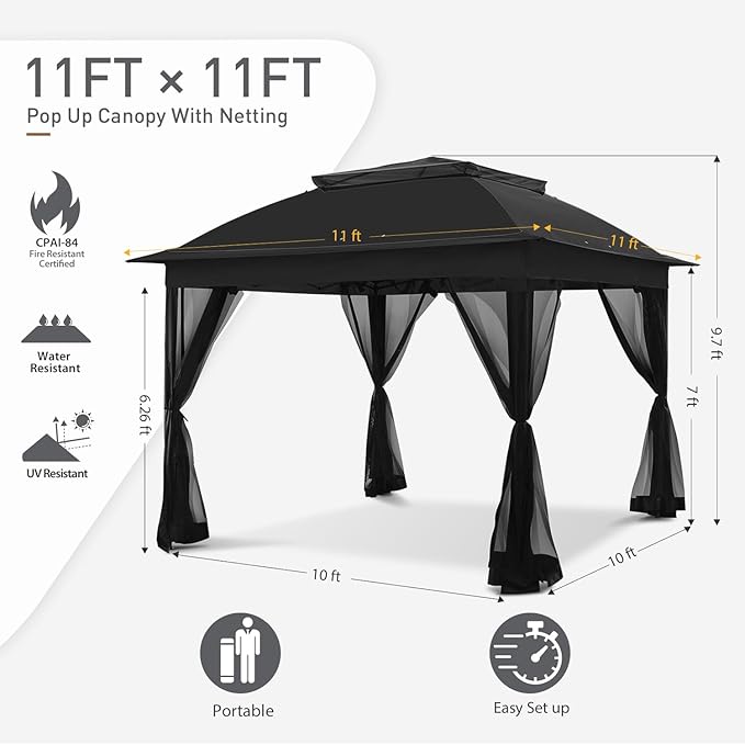 COOS BAY 11x11 Pop Up Gazebo with Mesh Netting, Instant Outdoor Canopy Tent, Water Resistant Shelter with UPF 50+ UV Protection, 121 Sq Ft Coverage, Black