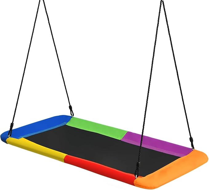 Costzon 700lb Giant 60'' Platform Tree Swing for Kids and Adults, Wear- Resistant Indoor/Outdoor Rectangle Swing with Durable Steel Frame and 2 Hanging Straps for Porch, Backyard (Rainbow)