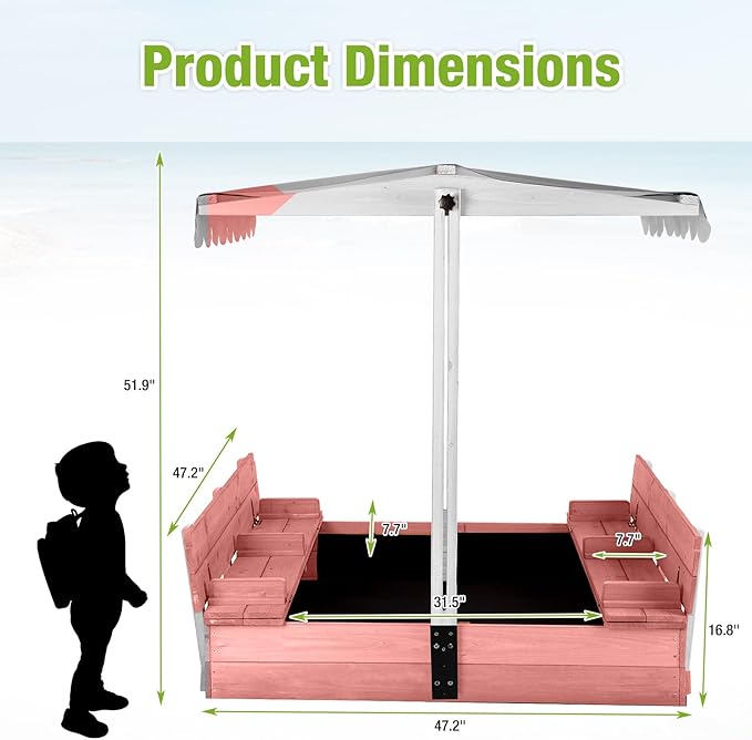 Wooden Sand Box with Cover,Sandbox with Lid Foldable Beench Seats,Sand Boxes for Backyard Garden, Beach Patio Outdoor (Sandbox-P)