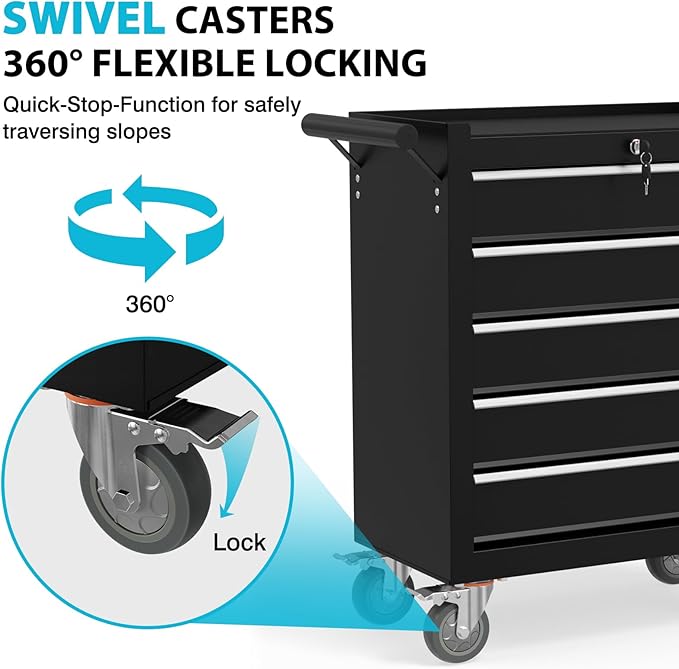 5 Drawers Rolling Tool Chest, Portable Storage Tool Box with Wheels, Tool Chest with Lock for Warehouse, Garage, Repair Shop and Tool Room (Black)