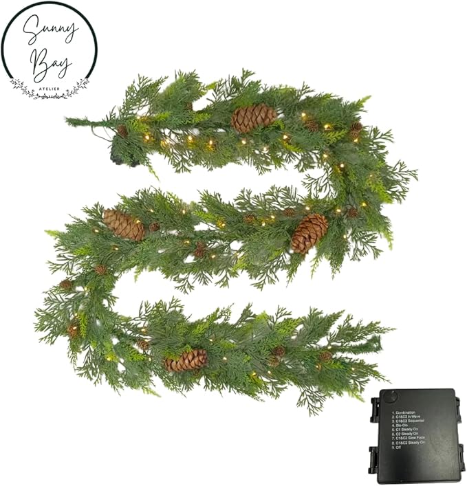 Natural Cedar Set : 1 24 inch Wreath 2 Pieces of 8 ft Garland; Mixed Greenery, Cedar, and Real Pinecones, Battery Operated, Indoor Outdoor Holiday Decor