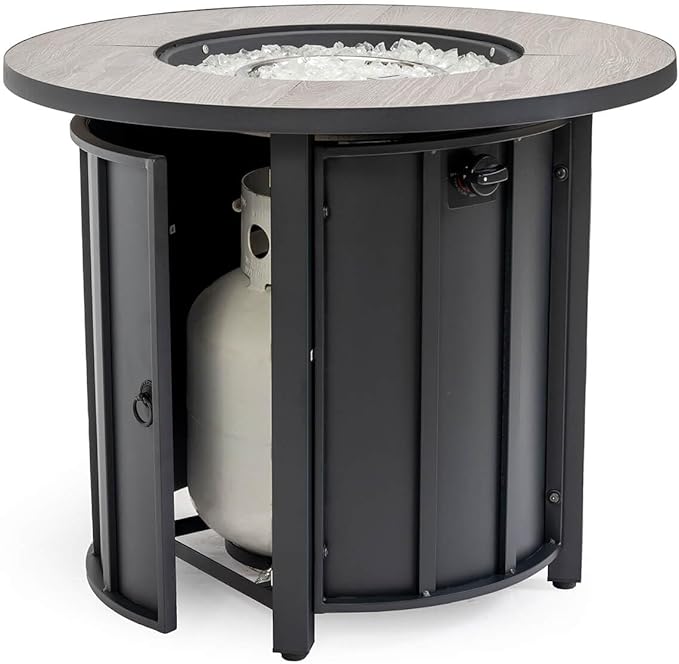 30'' Concrete Round Gas Fire Pit, 50,000 BTU Steel Outdoor Fire Tables, Fire Table with Lid, Add Warmth & Ambience to Gatherings and Parties On Patio Deck Garden Backyard£¬White Glass Stone.