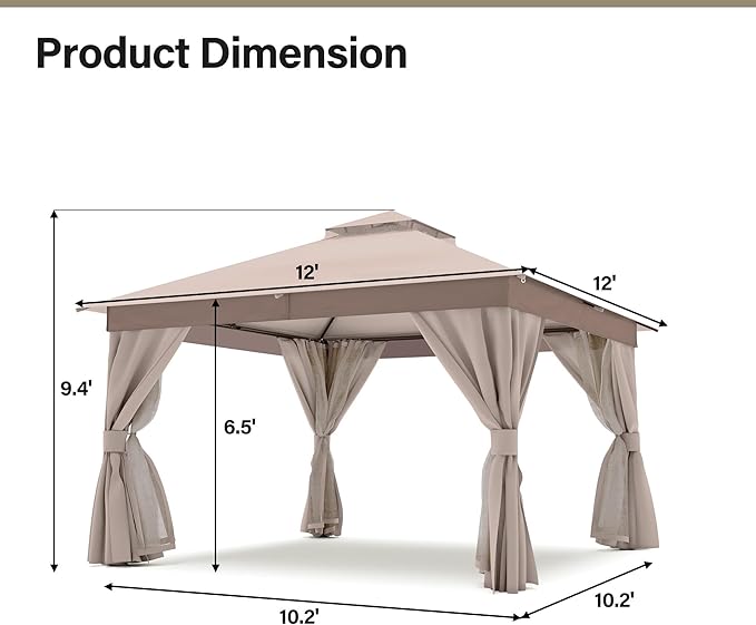 LAUSAINT HOME Semi-Permanent Patio Gazebo 12'x12' with Expansion Bolts, Outdoor Heavy Duty Party Shelter with Double Roofs, Mosquito Nettings and Sidewalls for Backyard, Garden, Lawn, Champagne Khaki