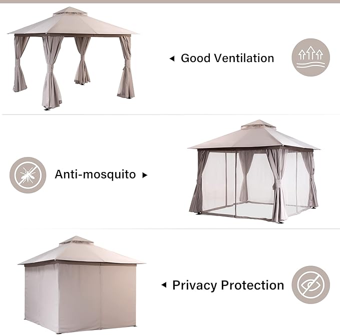 LAUSAINT HOME Semi-Permanent Patio Gazebo 10'x10' with Expansion Bolts, Outdoor Heavy Duty Party Tent with Double Roofs, Mosquito Nettings and Screens for Backyard, Garden, Lawn, Champagne Khaki