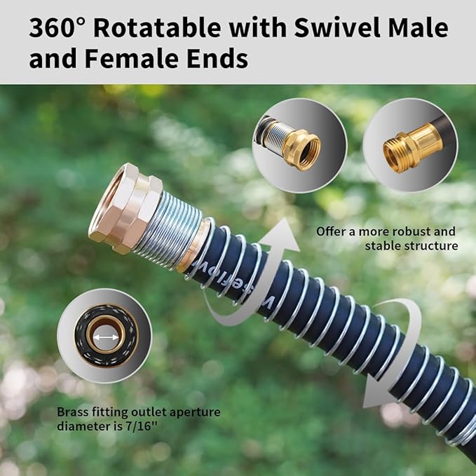 WiseFlow Garden Hose 25FT x 5/8, Heavy Duty Rubber Hose, Water Hose with Five Layered Braiding, Male Female Fittings, 1000PSI Burst, 300PSI Working (Black)