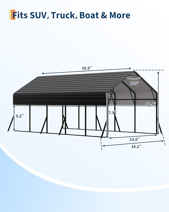 13'x26' Metal Carport, Heavy Duty Car Ports Kit for Trucks, Boats, RV, Tractor, Reinforced Frame with Anchors, Easy Assembly