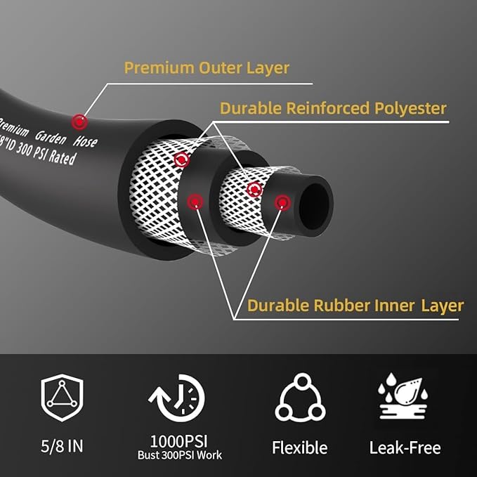 Heavy Duty Premium Garden Hose 50ft x 5/8, 300PSI Working, 1000PSI Burst, Hybrid Rubber Water Hose with Transparent Swivel Handle - Hot/Cold Water - Five Layered Braiding with Brass fittings (Black)