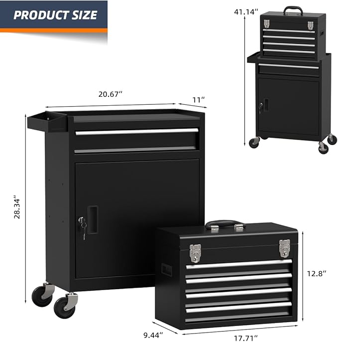 5-Drawer High Capacity Rolling Tool Box, Removable Cabinet Storage Tool Chest with Wheels and Drawers, Detachable Toolbox with Lock for Mechanics Garage Workshop and Tool Room (Black)