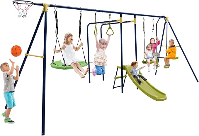 Costzon 660 lbs Swing Sets for Backyard, 7-in-1 Heavy Duty Extra Large Metal Swing Frame w/2 Swings, Glider, Gym Rings, Slide, Monkey Bar, Basketball Hoop, Play Equipment for Indoor Outdoor