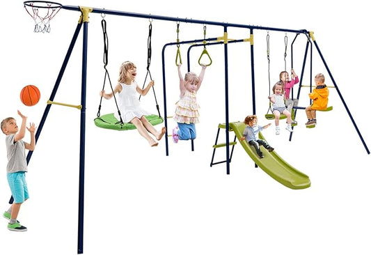 Costzon 660 lbs Swing Sets for Backyard, 7-in-1 Heavy Duty Extra Large Metal Swing Frame w/2 Swings, Glider, Gym Rings, Slide, Monkey Bar, Basketball Hoop, Play Equipment for Indoor Outdoor