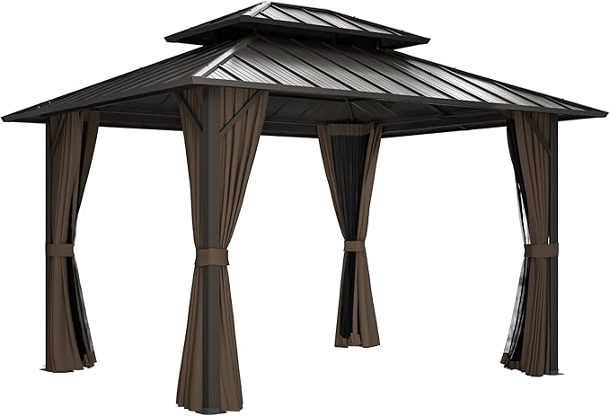 12' x 16' Hardtop Gazebo, Aluminum Frame with Double Galvanized Steel Roof, Outdoor Metal Gazebo with Netting & Curtains for Backyard, Garden, or Deck, Brown