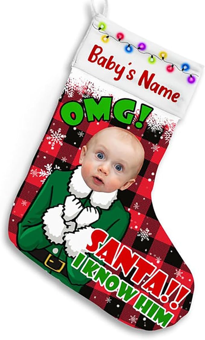 LOVELYPOD Christmas Stockings Personalized with Name, 19" Christmas Stocking Elf Kids Photo Christmas Stocking 2023, Xmas Stocking Holiday Christmas Decoration Gifts for Family Kids