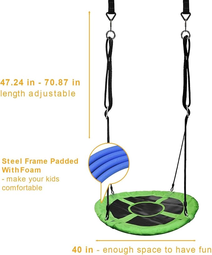PACEARTH 40 Inch Saucer Tree Swing Flying 900lb Weight Capacity 2 Added Hanging Straps Adjustable Multi-Strand Ropes Colorful Safe and Durable Swing Seat for Children-Green