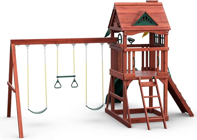 Gorilla Playsets Spring Creek Wooden Swing Set with Wood Roof, Slide, Swings, and Climbing Wall