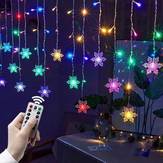 LED Christmas Curtain Lights,Snowflake Lights Decorations with Remote Control,USB Powered 24 Snowflakes 120 LEDs Window String Lights with 8 Modes Decor Christmas Wedding Party Wall Home Decor