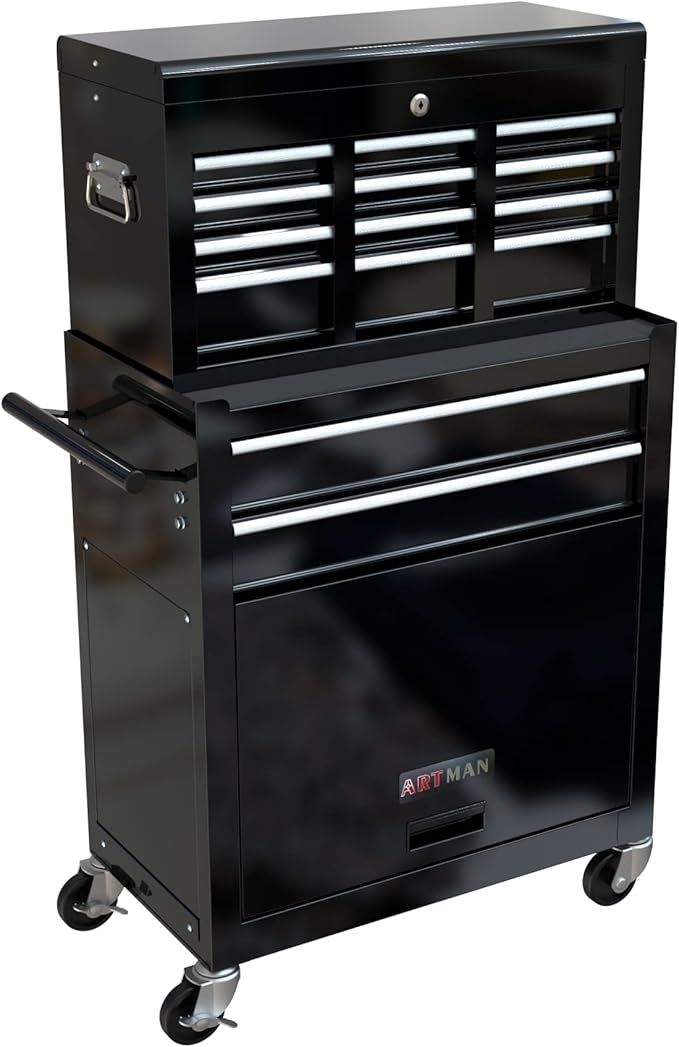 High Capacity Rolling Tool Chest with Wheels and 8 Drawers,Metal Storage Tool Cabinet W/Mobile Case,Pull Handle,4 Hooks,for Workshop Mechanics Garage,Black