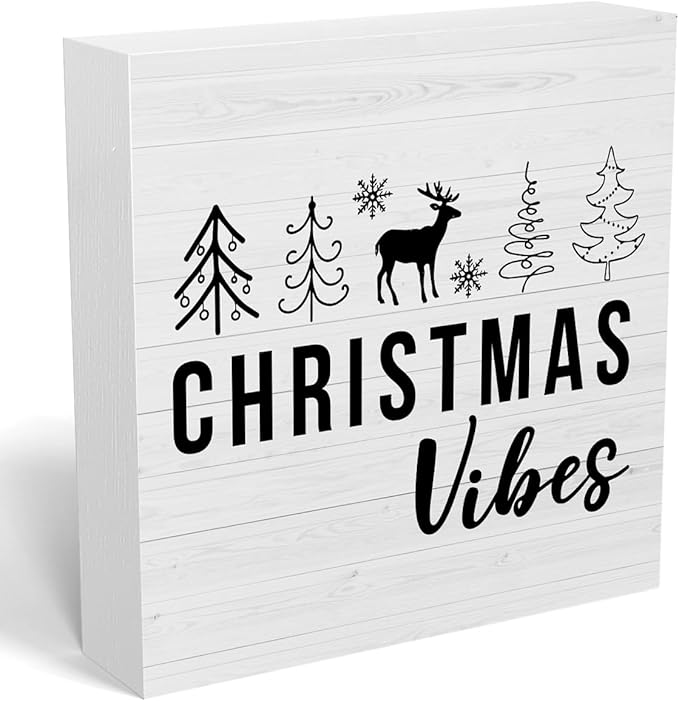 Christmas Sign Christmas Tree Elk Decor Christmas Vibes Sign Christmas Decorations Indoor Winter Desk Accessories Decorations for Table Home Shelf Office Gifts for Women 5 X 5 Inch
