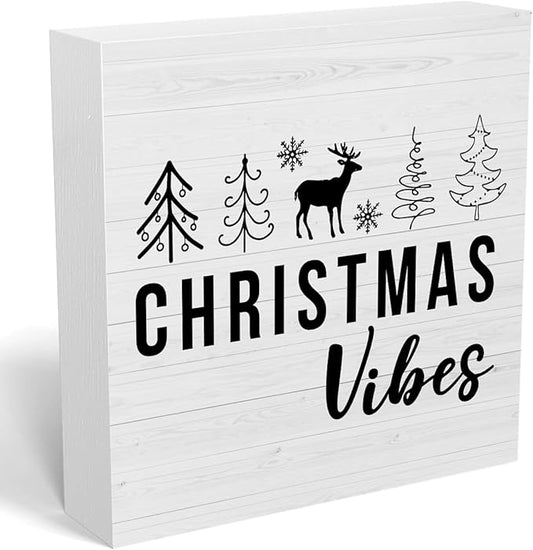 Christmas Sign Christmas Tree Elk Decor Christmas Vibes Sign Christmas Decorations Indoor Winter Desk Accessories Decorations for Table Home Shelf Office Gifts for Women 5 X 5 Inch