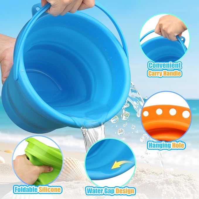 Collapsible Bucket Sandbox Kit Toys for Kids, Foldable Bucket Multi Purpose Sand Pail for Garden Planting Washing Camping Fishing, Beach Essential Travel Toys Summer Activity, Easter Egg Bucket Gift