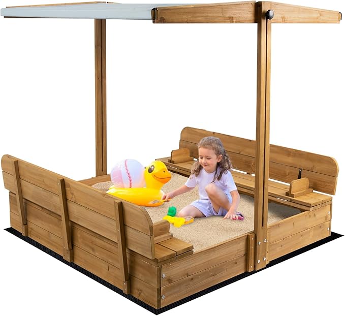 Wooden Kids Sandbox with Lid, Outdoor Sand Box with Adjustable Canopy and Two Foldable Bench Seats, Sandbox with Cover for Beach, Backyard, Bottom Liner & UV-Resistant, Gift for Kids Age 2-8, 47''