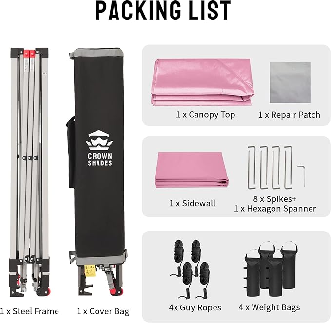 CROWN SHADES Canopy Tent, 10 x 10 Foot Portable Pop Up Outdoor Shelter with 1 Sidewall, Easy 1 Push Center Lock, UV Protection, and Carry Bag, Pink