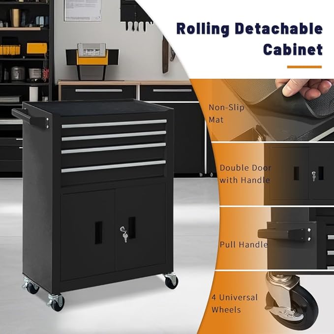13-Drawer Rolling Tool Chest with Double Doors, 2 in 1 Detachable Rolling Tool Chest with Drawers, Mobile Tool Cabinet Combo, Metal Large Lockable Tool Box for Garage Workshop (Black)