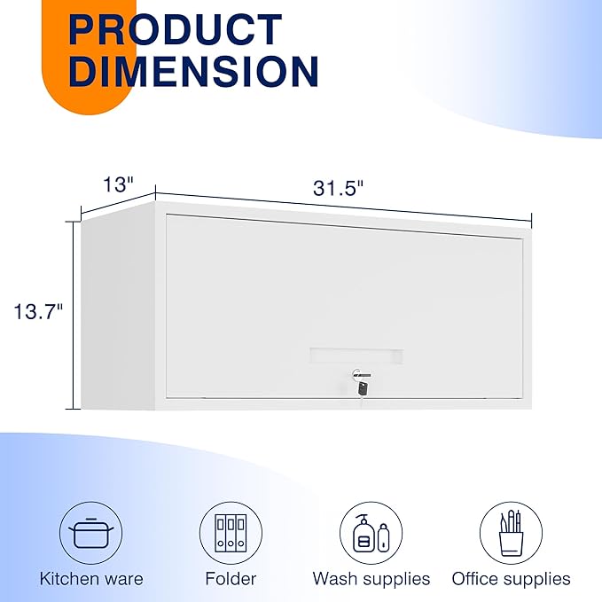 Yizosh Metal Wall Cabinet with Doors, Wall Mounted Storage Cabinet - Floating Tool Cabinet for Kitchen, Basement, Warehouse (White, 13.7 H)