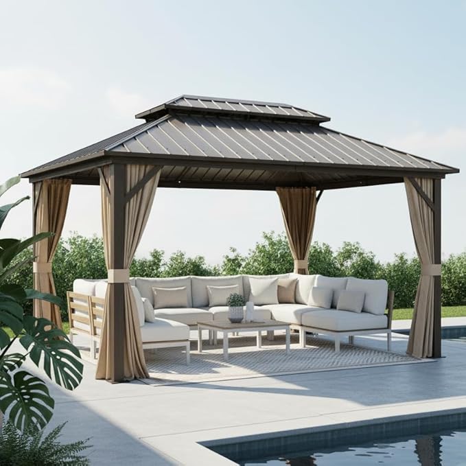 Premium 10x12 Hardtop Gazebo with Vented Metal Roof, Full Privacy Curtains & Mosquito Netting, Robust Aluminum Pergola for Patio, Garden & Deck – All-Season Weather Outdoor Shelter