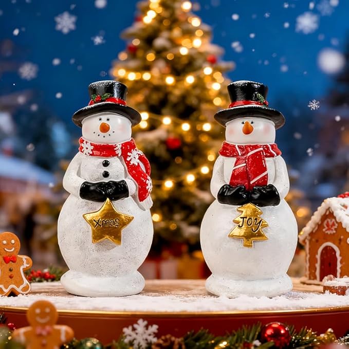 OneBird Snowman Figurines Resin Christmas Decorations Indoor 2pcs Snowman Decor for Holiday Decorations Christmas Indoor