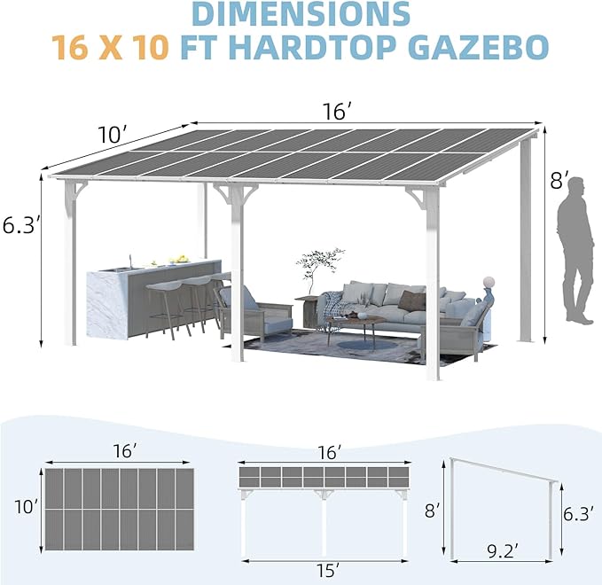 AECOJOY 16' x 10' Gazebo White Outdoor Pergola for Patio, Large Wall-Mounted Hard Top 10x16 Lean to Metal Gazebo Shelter Pergolas and Gazebos Clearance with Patio Roof, Heavy Duty Awnings for Patio