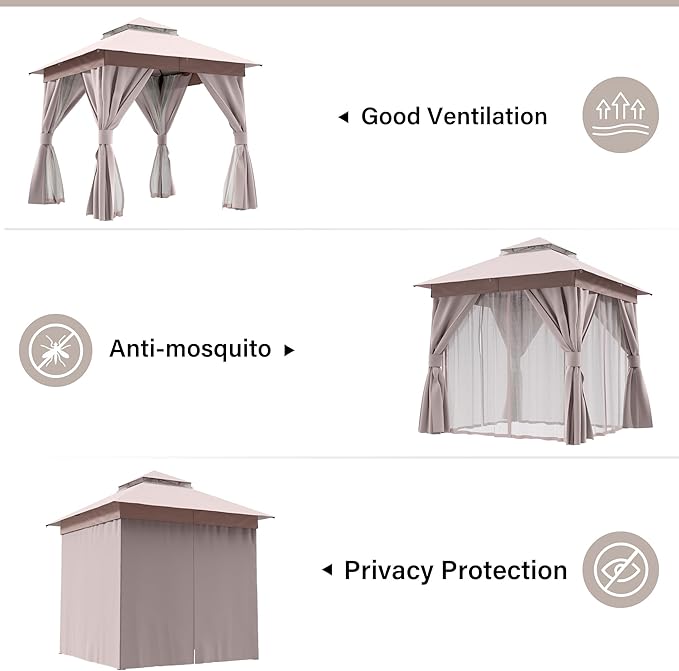 LAUSAINT HOME Semi-Permanent Patio Gazebo 8'x8' with Expansion Bolts, Outdoor Heavy Duty Shelter Party Tent with Double Roofs, Mosquito Nettings and Privacy Screens for Backyard, Garden, Lawn, Khaki