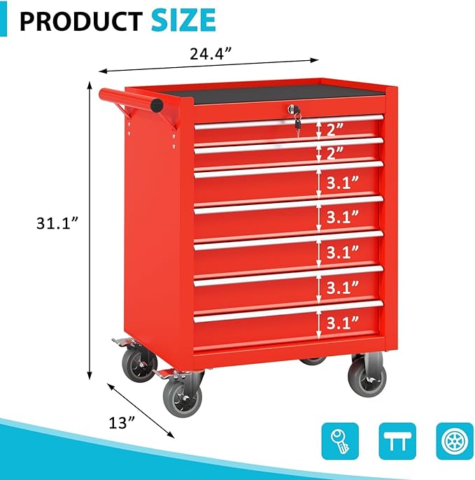 7 Drawers Rolling Tool Box, Portable Storage Tool Chest with Wheels, Toolbox with Lock for Warehouse, Garage, Repair Shop and Tool Room (Red)