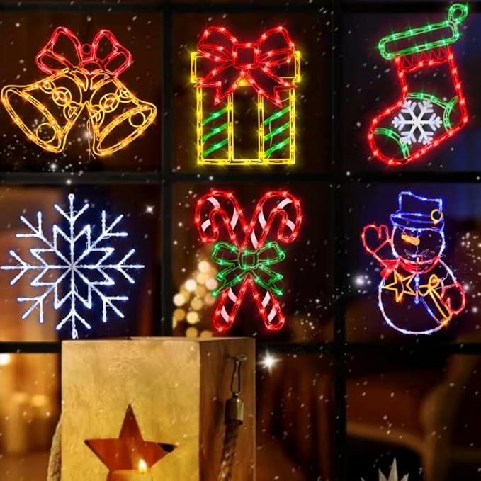 16" Christmas Window Silhouette Lights Decorations - 6 Pack Colour Lighted Candy Cane ＆ Snowman ＆ Christmas Stocking ＆ Bell ＆ Gift Box ＆ Snowflake for Holiday Wall Door Window Decorate