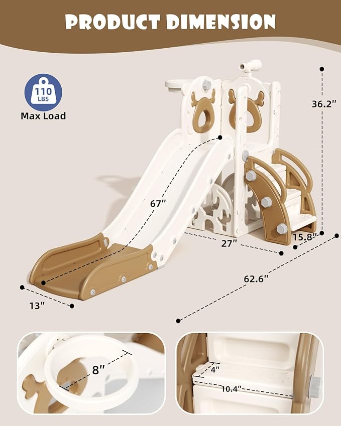 XJD 7 in 1 Toddler Slide, Kids Indoor Slide for Toddlers 1-3, New Upgrade with Golf, Basketball Hoop for Indoor Outdoor Playset, Birthday Gifts for Toddler (White Brown)