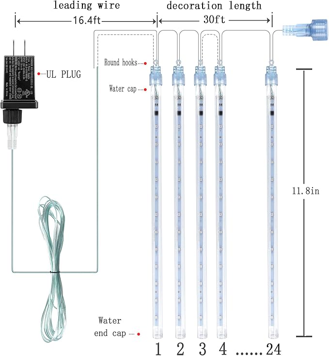 Kwaiffeo Green Christmas Lights, 24 Tubes Meteor Shower Lights(Equivalent to 3 Sets of 8-Tube) for Halloween Christmas Decorations Outdoor, Green Lights for Xmas St. Patrick's Day Party Tree, UL Plug